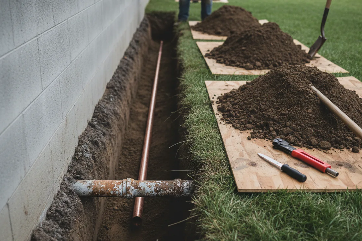 Excavated water line trench during Sewer Line Repair in Warnock